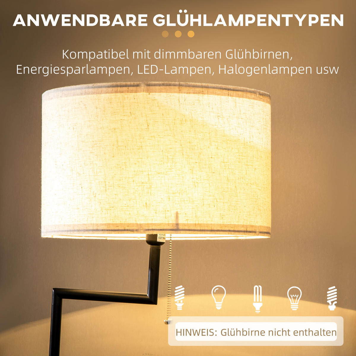 STEHLEUCHTE, Stehlampe mit Ablage, 40 W Standlampe mit USB-Anschluss, Creme - Weiß, Metall (40/40/170cm) - HOMCOM