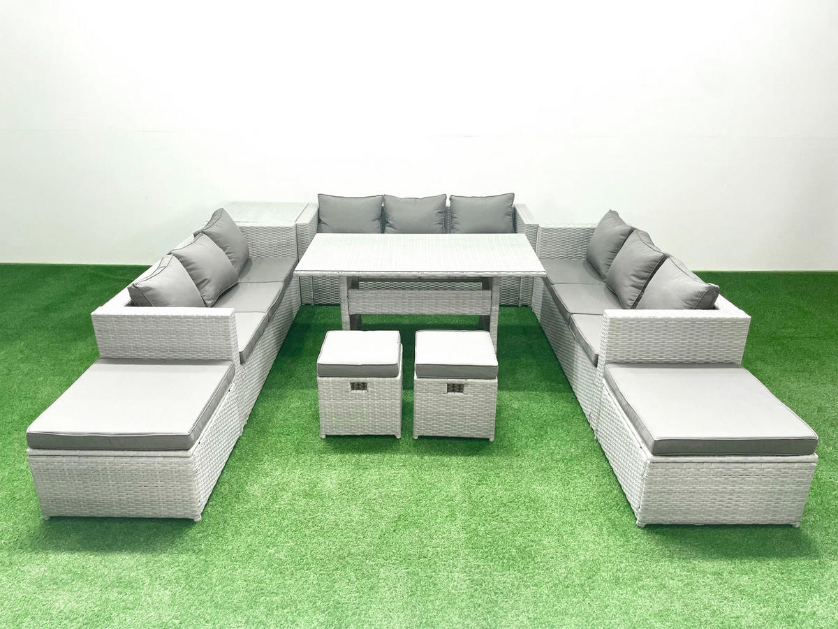 GARTENSET mit Esstisch,Sofa,2 Beistelltischen Polyrattan Hellgrau 13-Sitzer - Hellgrau/Grau, Glas/Kunststoff - Fimous