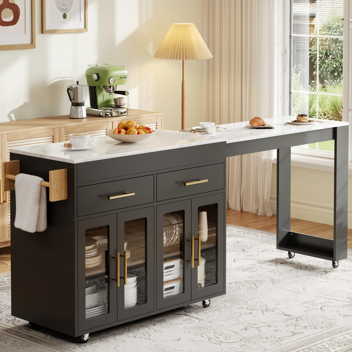 KUCHYŇSKÝ OSTROV v bílé a černé barvě s kolečky a rozkládací deskou do jídelny, Š132,5–217/H50/V93 cm - černá, kov/kompozitní dřevo (217/93/50cm) - STILVORA