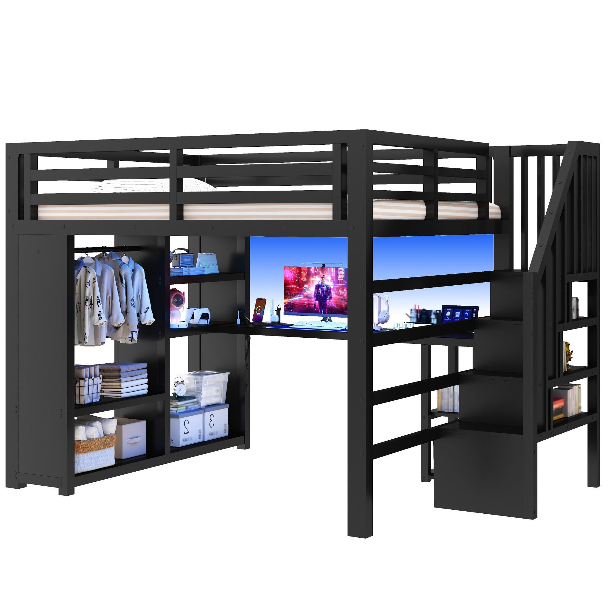 HOCHBETT 160/200 cm in Schwarz mit Schreibtisch, LED, Treppe und Kleiderschrank - Schwarz, Metall (160/200cm) - STILVORA