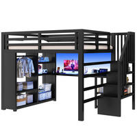 HOCHBETT 160/200 cm in Schwarz mit Schreibtisch, LED, Treppe und Kleiderschrank - Schwarz, Metall (160/200cm) - STILVORA