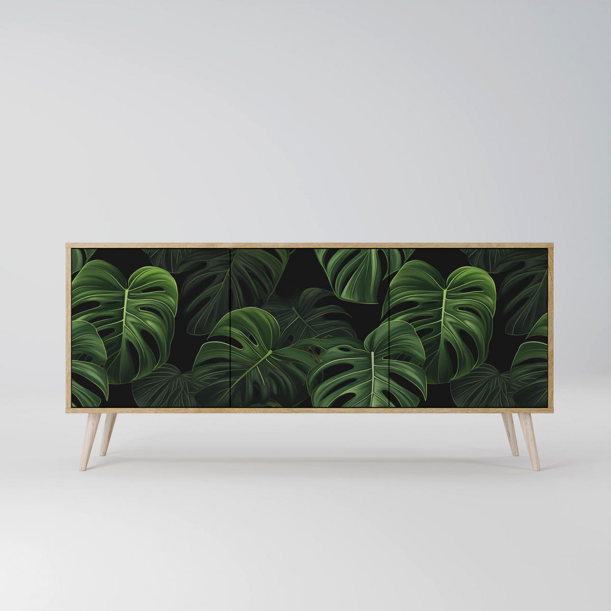 SIDEBOARD INFINITE MONSTERA, Eicheneffekt, 164,5x42x77,5 cm, 3 Türen - Eichefarben/Buchefarben, Holzwerkstoff/Buchenholz (164.5/77.5/42cm) - SpaceRebels