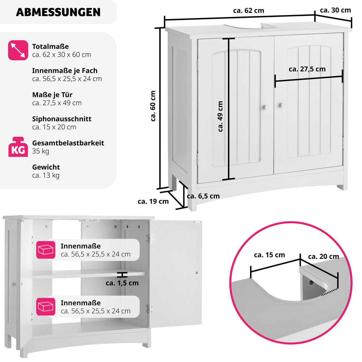 WASCHBECKENUNTERSCHRANK Jasper,62 x 30 x 60 cm ,weiß - Weiß, Holzwerkstoff (62/60/30cm) - tectake