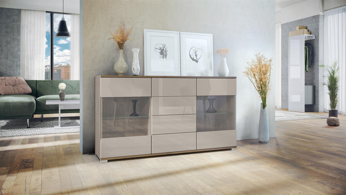 SIDEBOARD Bari Sandgrau Hochglanz - Sandfarben, Holzwerkstoff (138.5/75.5/35cm) - Vladon