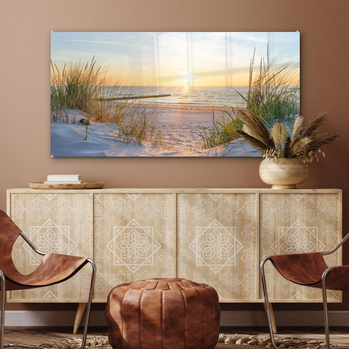 OBRAZ NA AKRYLOVOM SKLE Pláž - Slnko - Duny - Tráva - Piesok - Horizont 120x60 cm - svetlomodrá, sklo (120/60cm) - MuchoWow