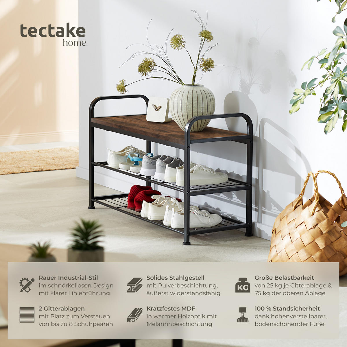 SCHUHREGAL Southampton,91 x 36 x 55 cm,Industrial Holz dunkel, rustikal - Rostfarben, Metall (36/55/91cm) - tectake