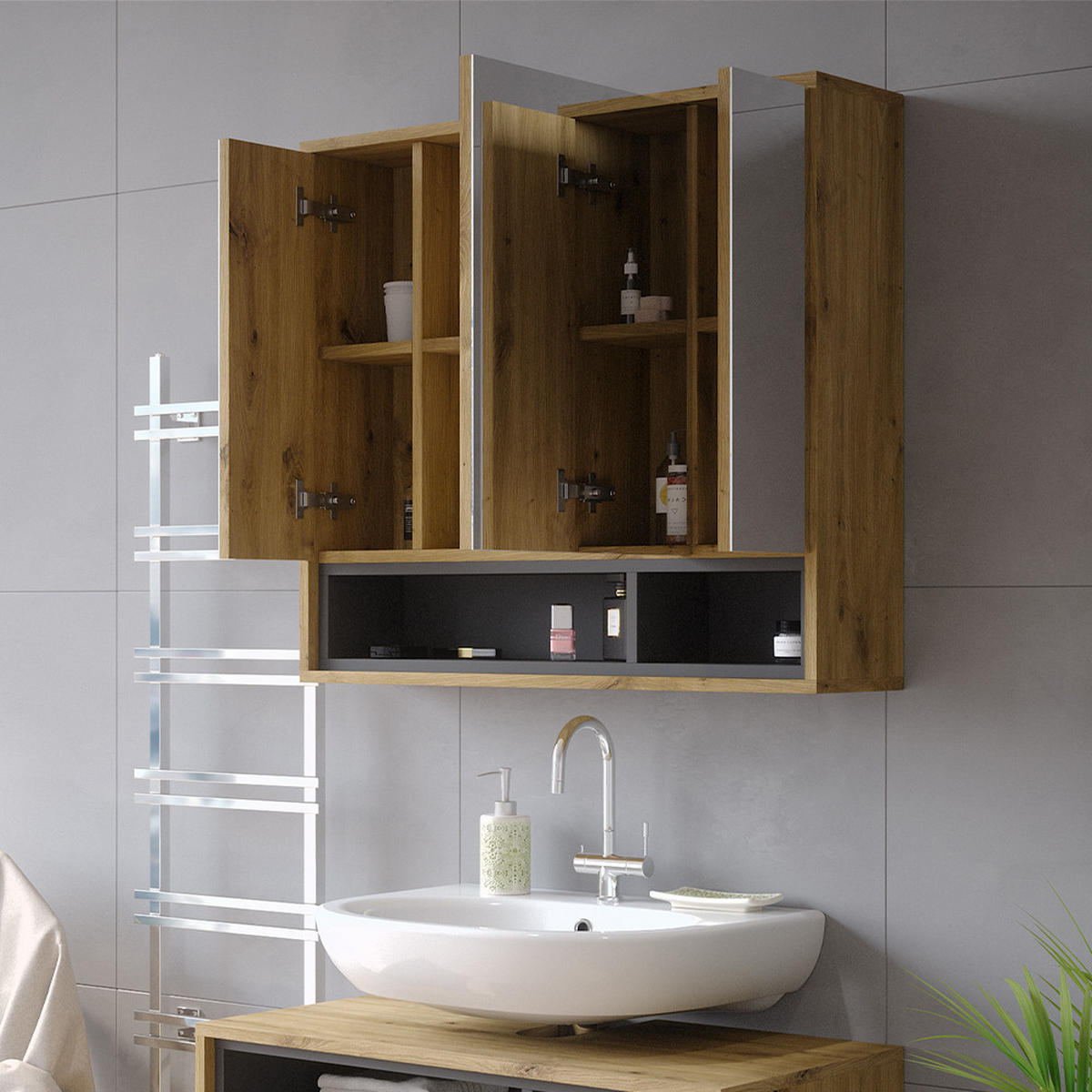 BADSPIEGELSCHRANK Beatrice Artisan Eiche/Anthrazit 80 x 72 cm - Anthrazit/Eiche Artisan, Holzwerkstoff (80/72/20cm) - Vicco