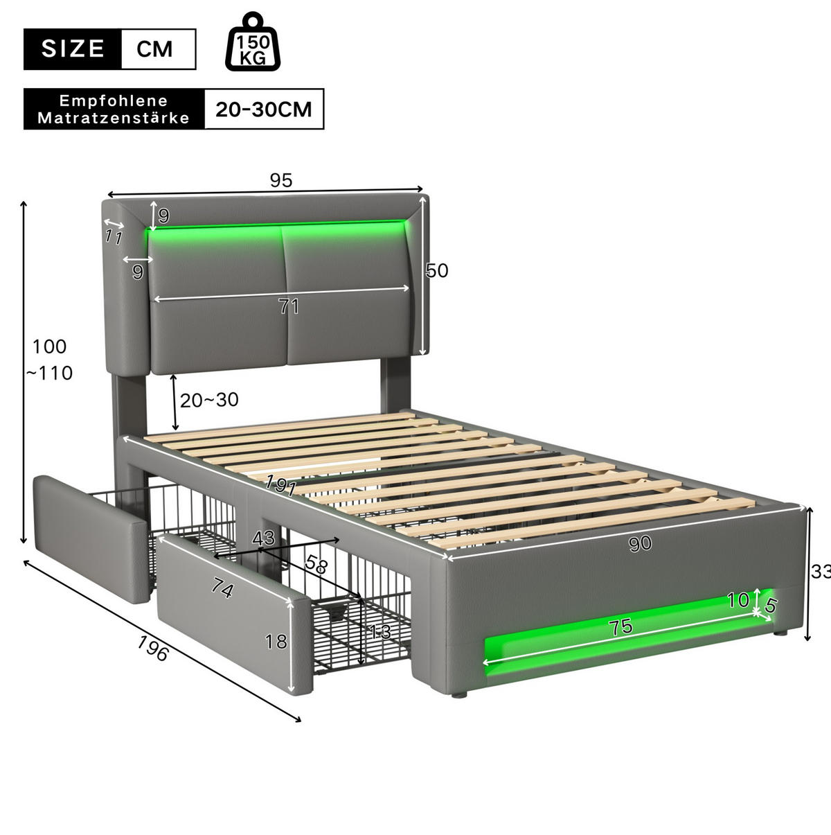 POLSTERBETT 90/190 cm Grau mit USB-Anschluss und LED-Beleuchtung - Grau, Kunststoff (90/200cm) - OKWISH