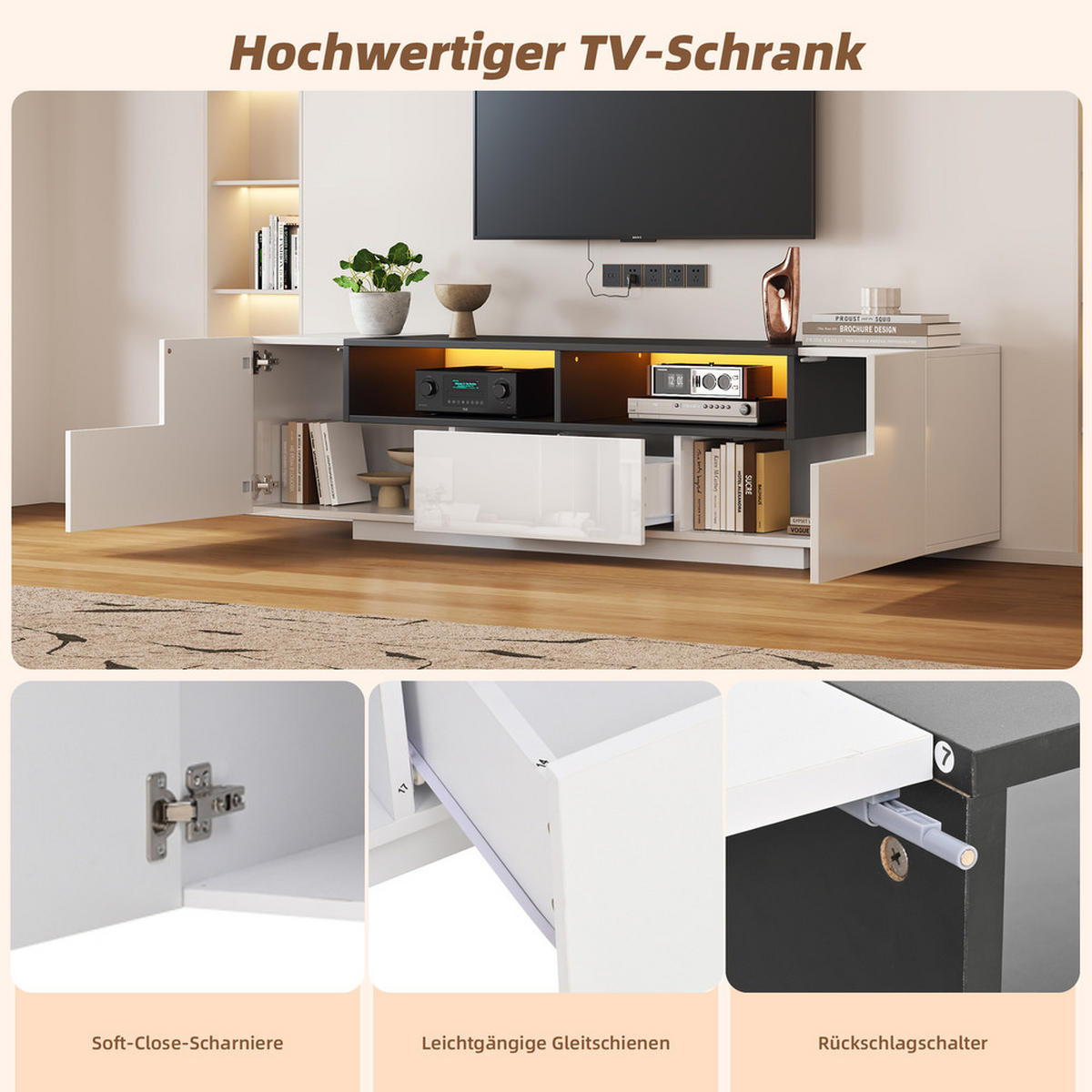 TV-SCHRANK 180x40cm Lowboard L-Form LED-Licht Schubladen Weiß-Schwarz - Weiß, Holz (40/48/180cm) - FLIEKS