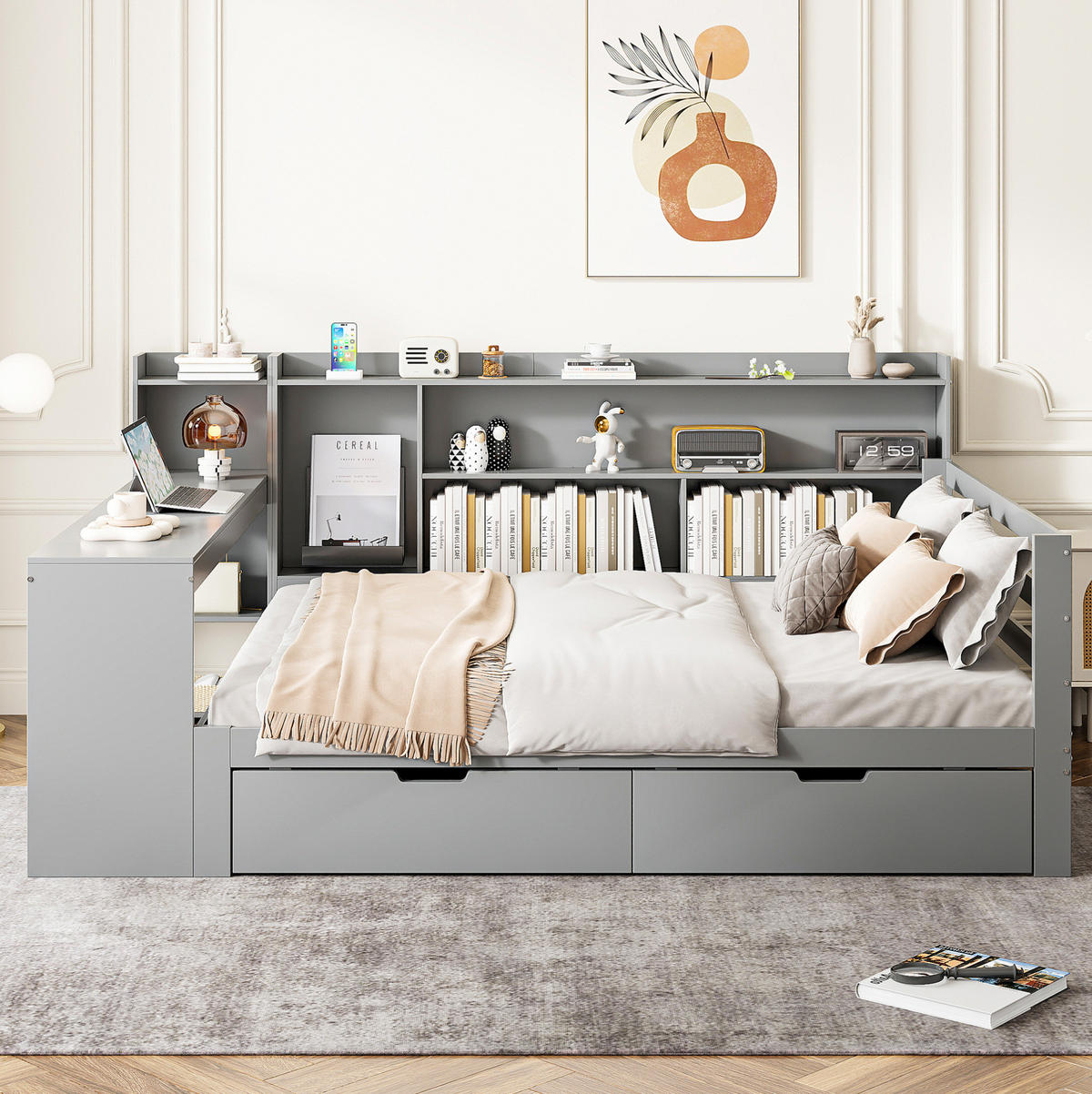 BETT aus Massivholz 140/200 cm mit Schreibtisch und Regalen grau - Grau, Holz (140/200cm) - OKWISH