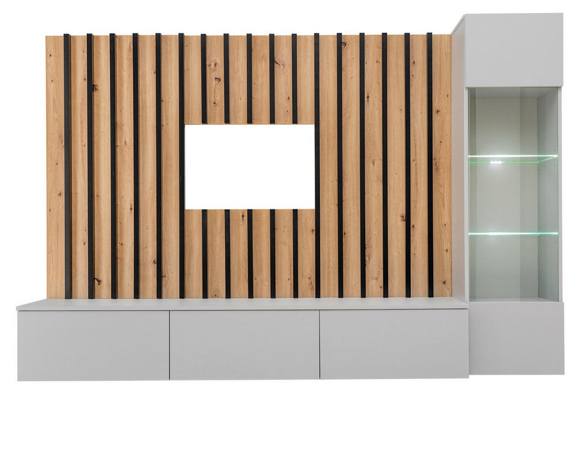 WOHNWAND grau, Artisan Eiche 220 cm, Schrankwand mit LED Beleuchtung - Eiche Artisan/Grau, Glas/Holzwerkstoff (200/148/35cm) - Furn.Design