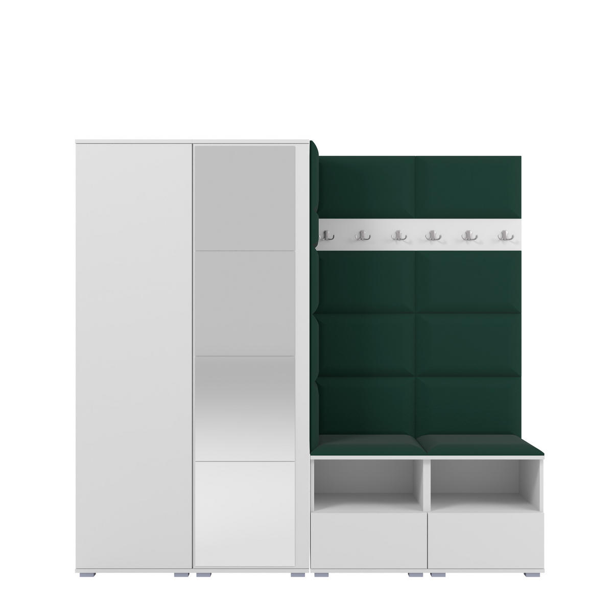 GARDEROBE NELA VI 200 cm (Kompaktgarderobe Weiß mit Spiegel & Sitzpolster Flaschengrün 28 Schrank & Paneel) - Dunkelgrün/Silberfarben, Holz/Holzwerkstoff (200/187/40cm) - Ravio