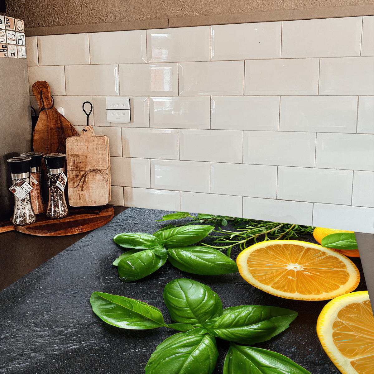 HERDABDECKPLATTE Obst - Grau - Konkret - Orange - Pflanzen Induktionsmatte 78x78 cm - Anthrazit, Kunststoff (78/78/0.2cm) - MuchoWow