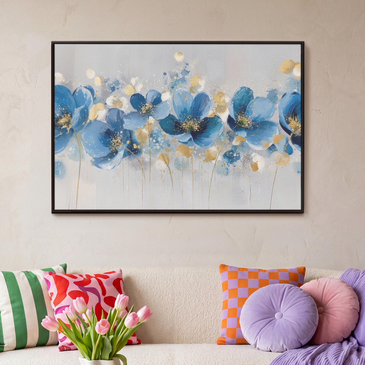 LEINWAND Bilder mit Rahmen - Blumen - Blau - Abstrakt - 90x60 - Hellgrau, Textil (90/60cm) - MuchoWow