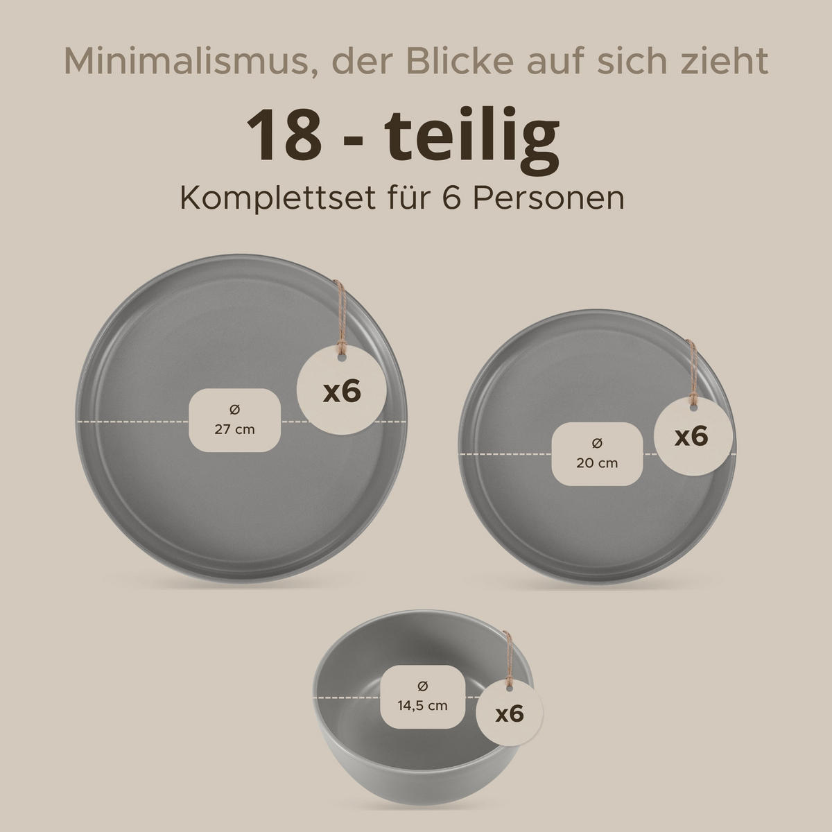 TAFELSERVICE VICTO Schüssel 6 Personen 18-tlg, matt grau - Grau, Keramik (27/2/27cm) - KONSIMO®