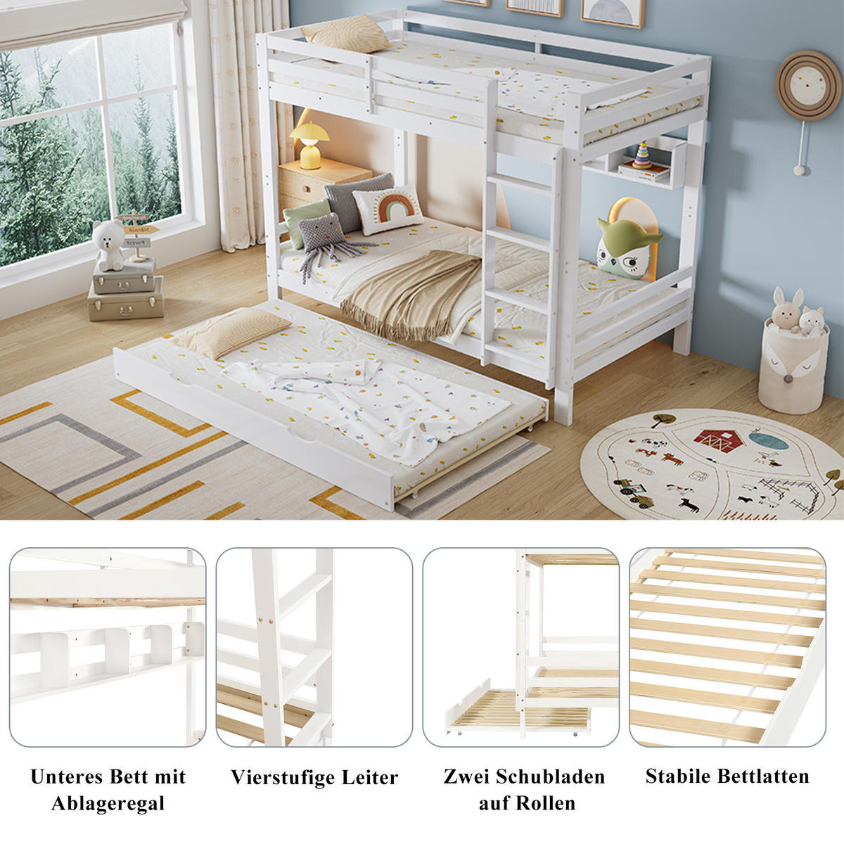 ETAGENBETT 90/200 cm mit Ausziehbett, 2 m Regalreihe, 4-stufiger Leiter und Bettlatten aus Kiefer/MDF, Weiß - Weiß, Holz (90/200cm) - Redom