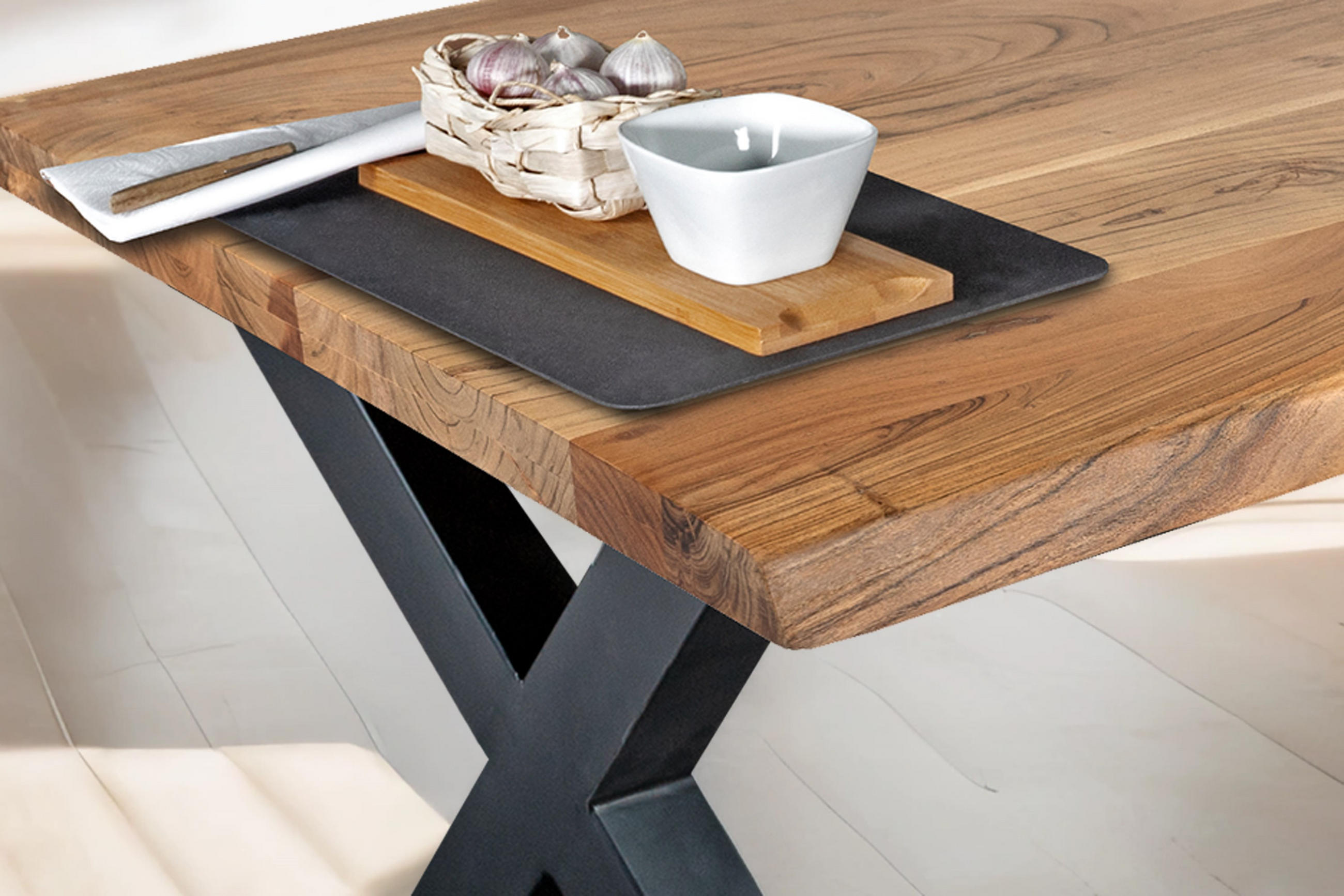 Thumbnail - SAM Esstisch, Beige, Holz, Echtholz,Akazie, Rechteckig,Quadratisch, X-Form, 180x77x90 cm, Esszimmer, Tische, Esstische