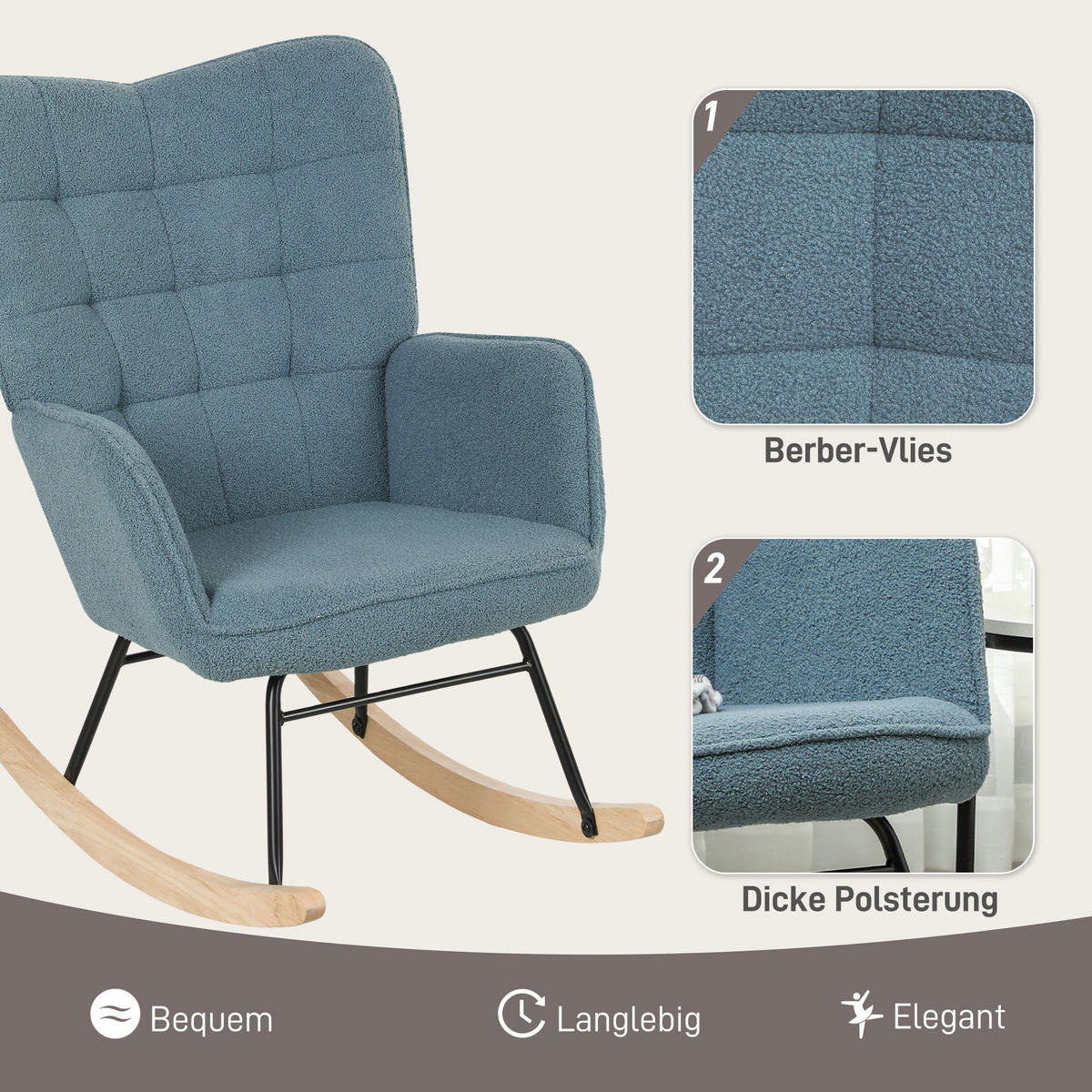 SCHAUKELSTUHL Sessel Relaxsessel bis 120 kg, Polyester, Rosa 98x71x101cm - Naturfarben/Hellblau, Buchenholz/Textil (98/101/71cm) - HOMCOM