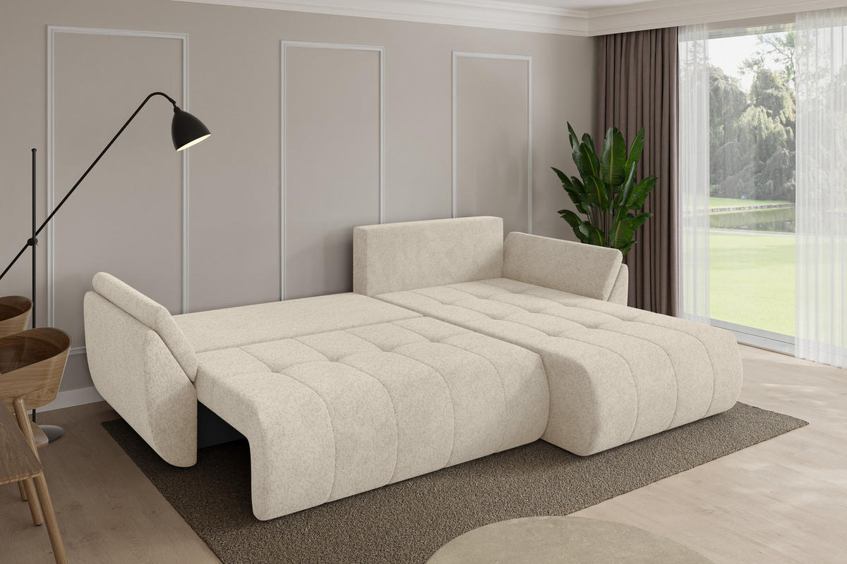 ROHOVÁ SEDAČKA s funkcí spaní, otoman vpravo TOKO-L 277x194x86 krémová velur - černá/krémová, kompozitní dřevo/textil (277/194cm) - ALTDECOR