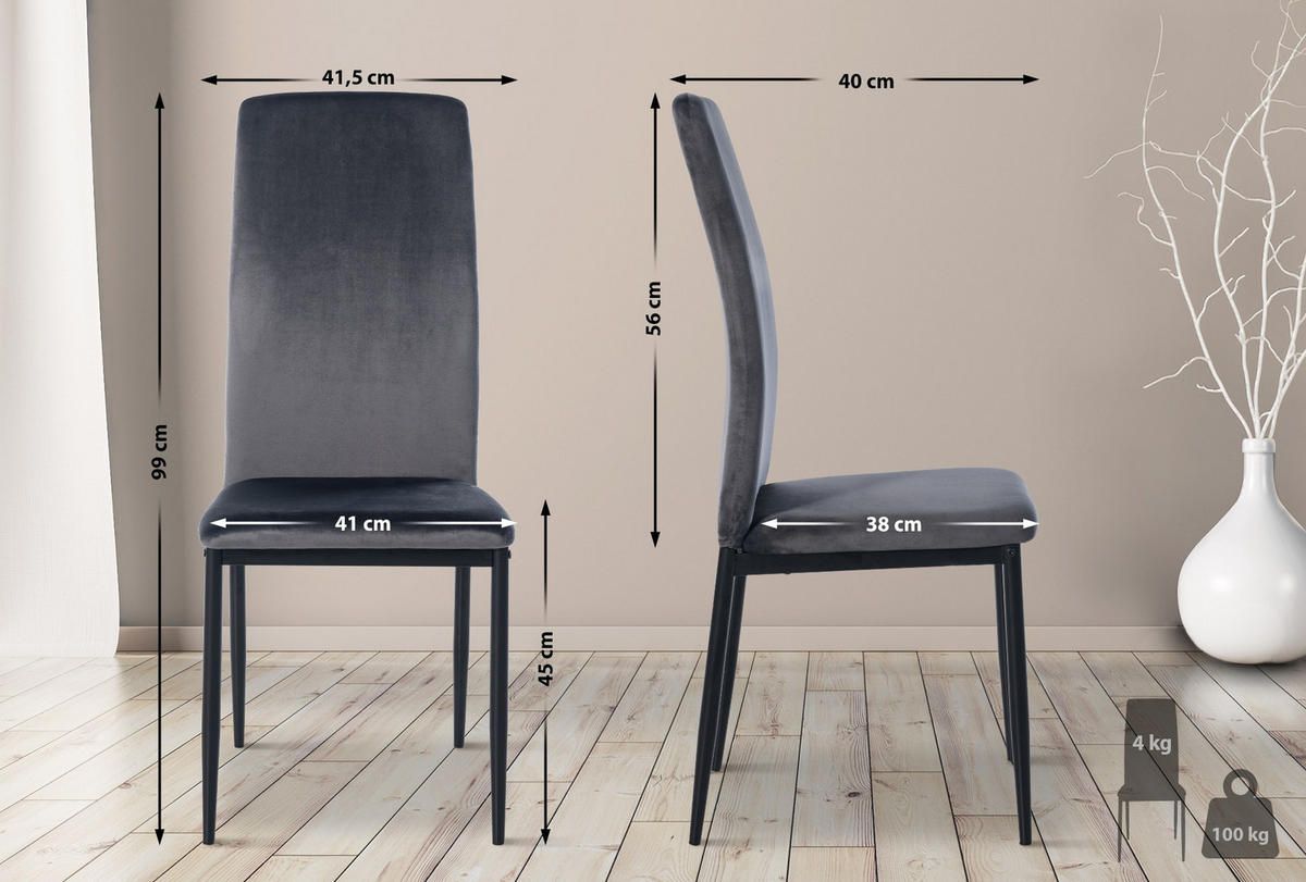 STUHL 6er Set Samt grau - Grau, Textil/Metall (41.5/99/40cm) - CLP