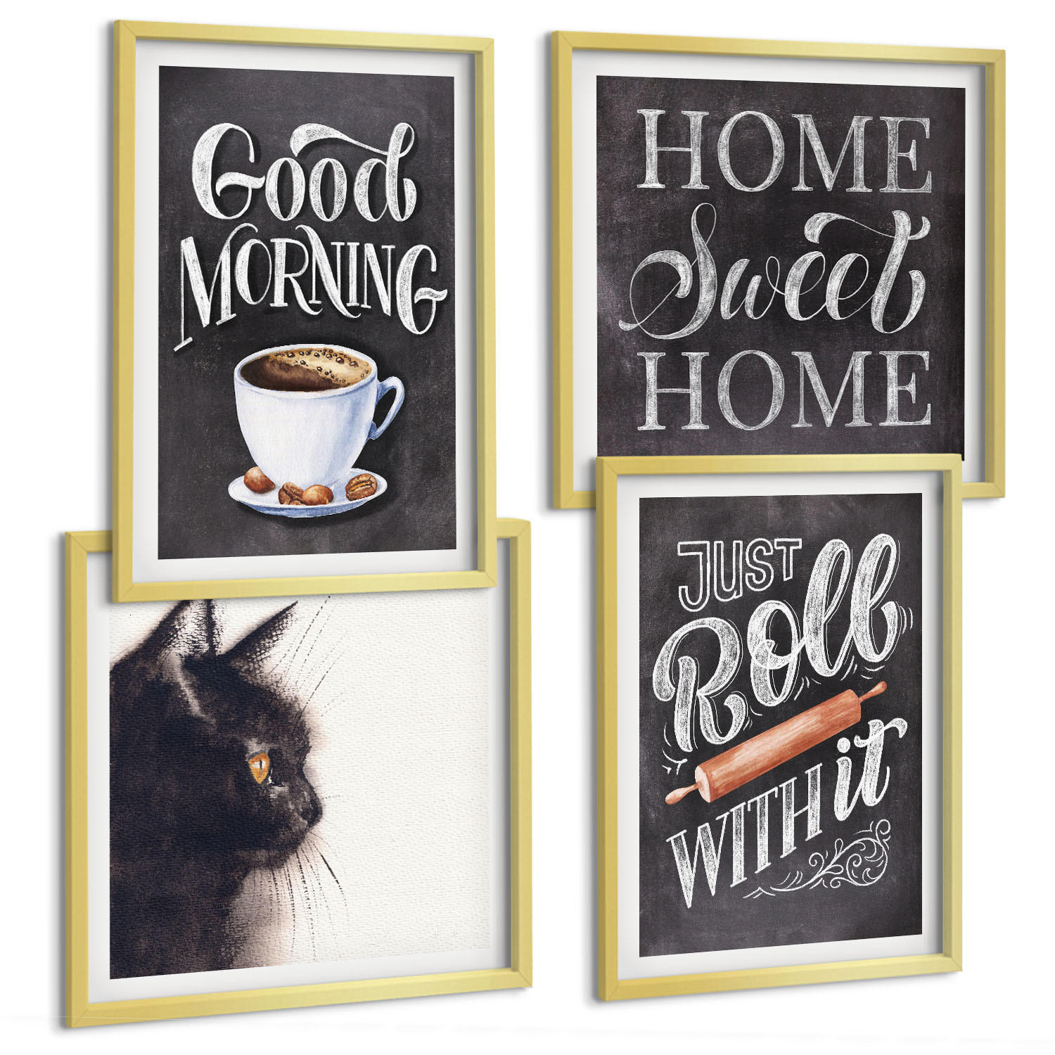 BILDER SET 4er Set - 50x50 cm & 40x60 cm Goldrahmen - Hausküchenthemen Katze - Goldfarben, Kunststoff (50/50cm) - TULUP