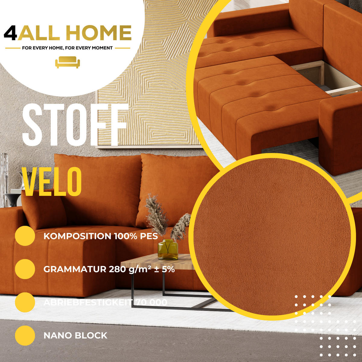 ECKSOFA Tico mit Bettkasten und Schlaffunktion, L-Form/XL-Form, Velourstoff, Universal - Rostfarben, Holzwerkstoff (246/145cm) - 4ALL HOME