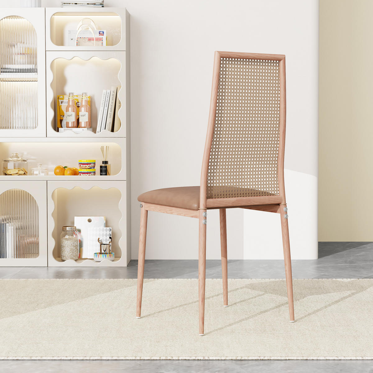 KÜCHENSTÜHLE 2er-Set mit Rattanlehne, Kunstleder & schwarzen Beinen - Ecru, Holz (44/97.5/40cm)