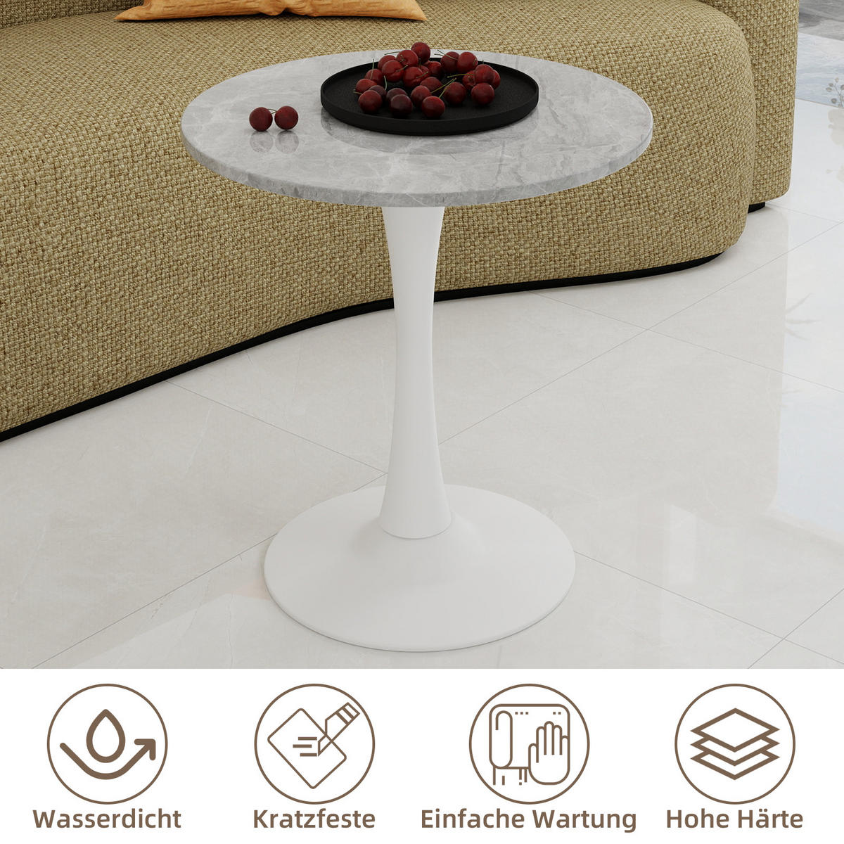 COUCHTISCH 70/70/72 cm Grau Weiß mit runder Kunstmarmorplatte im minimalistischen Design - Grau, Stein (70/70/72cm) - OKWISH