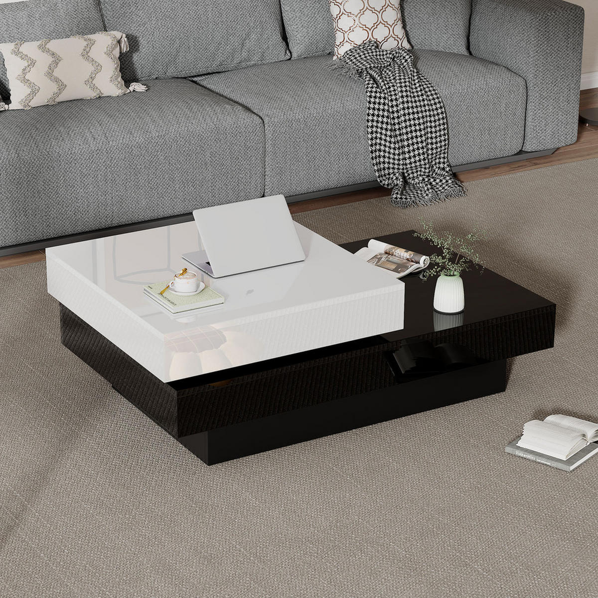 COUCHTISCH Drehbar Schwarz-Weiß Naht Hochglanz Doppelschicht Modern Schlicht - Weiß, Holz (112.4/67.95/13.34cm) - FLIEKS