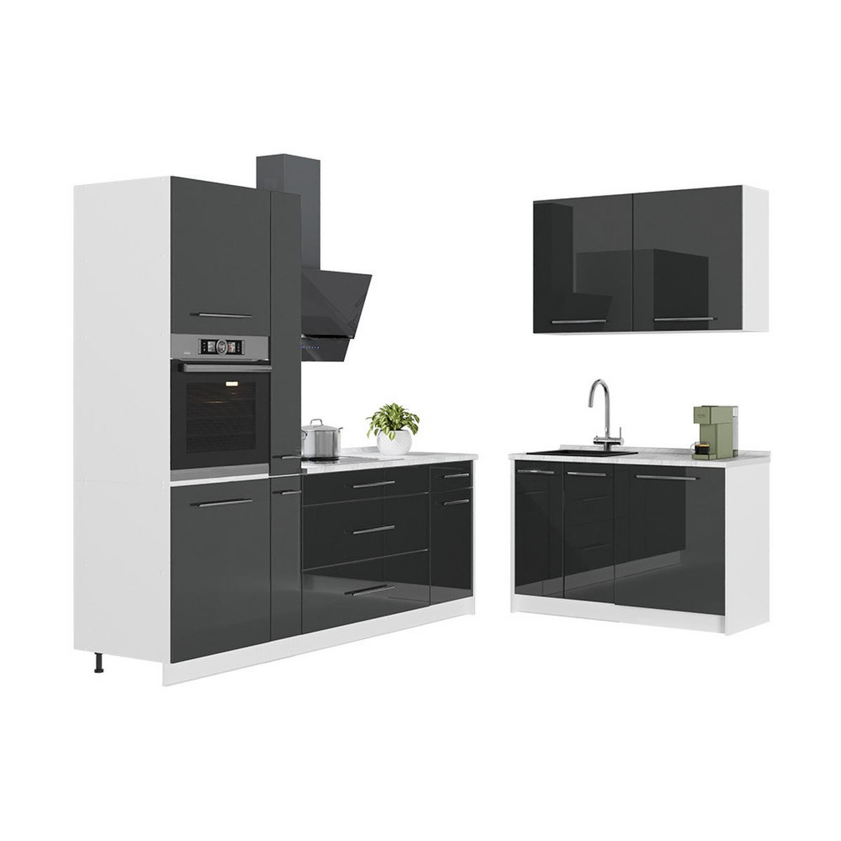 KUHINJA Fame-Line, Antracit visokog sjaja/Bijela, 220 x 120 cm, RP Mramor - bijela/crna visoki sjaj, drvni materijal (220/206.8/60cm) - Vicco