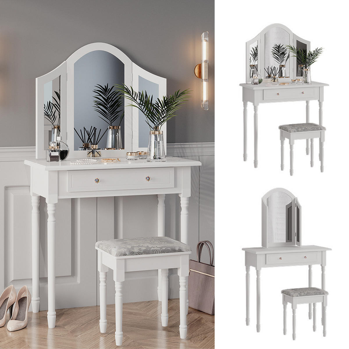 SCHMINKTISCH Kate Weiß 80 cm mit Hocker - Weiß, Holzwerkstoff (80/133.5/40cm) - Vicco