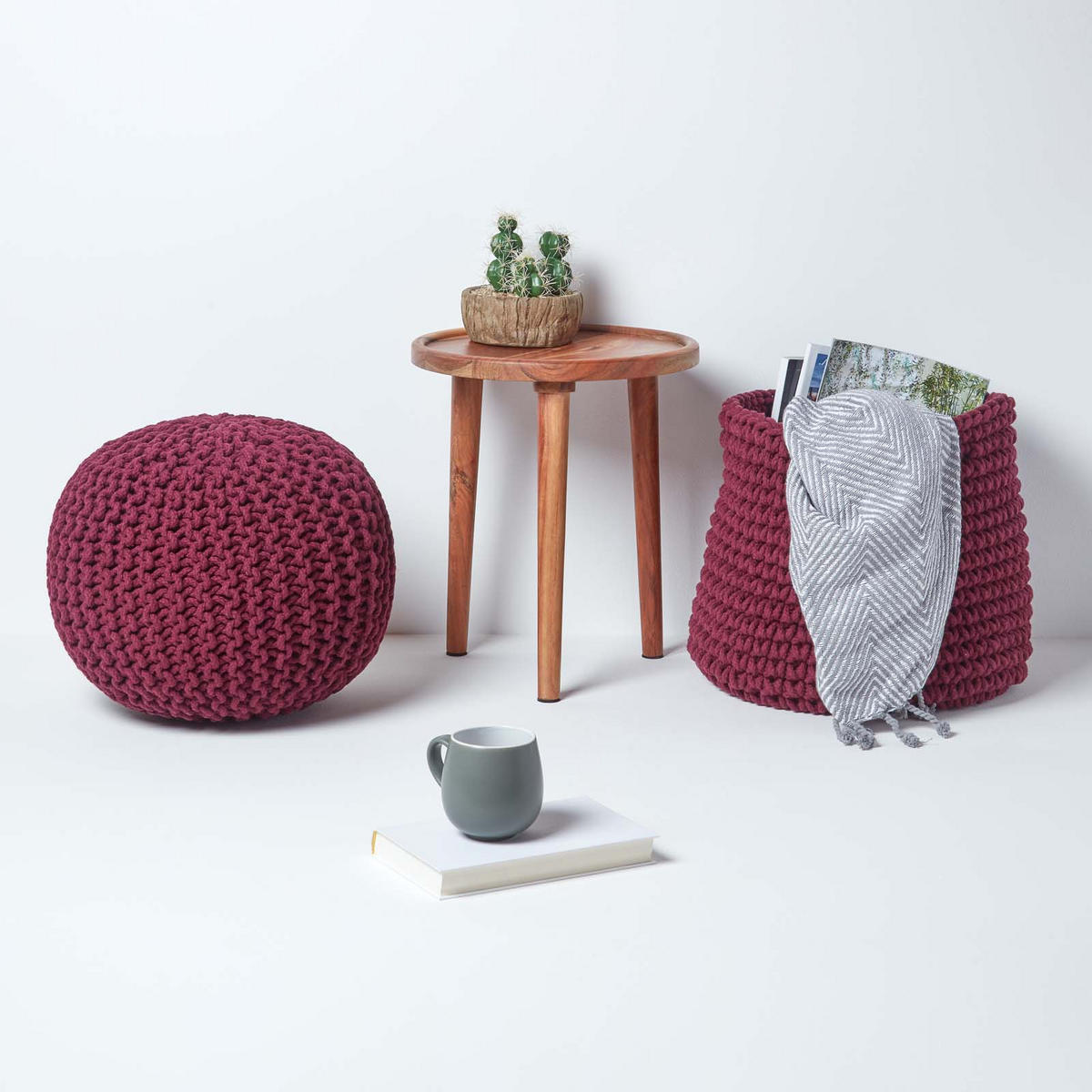 STRICK-POUF weinrot, 40/40/35 cm - Weinrot, Textil (40/35/40cm) - Homescapes