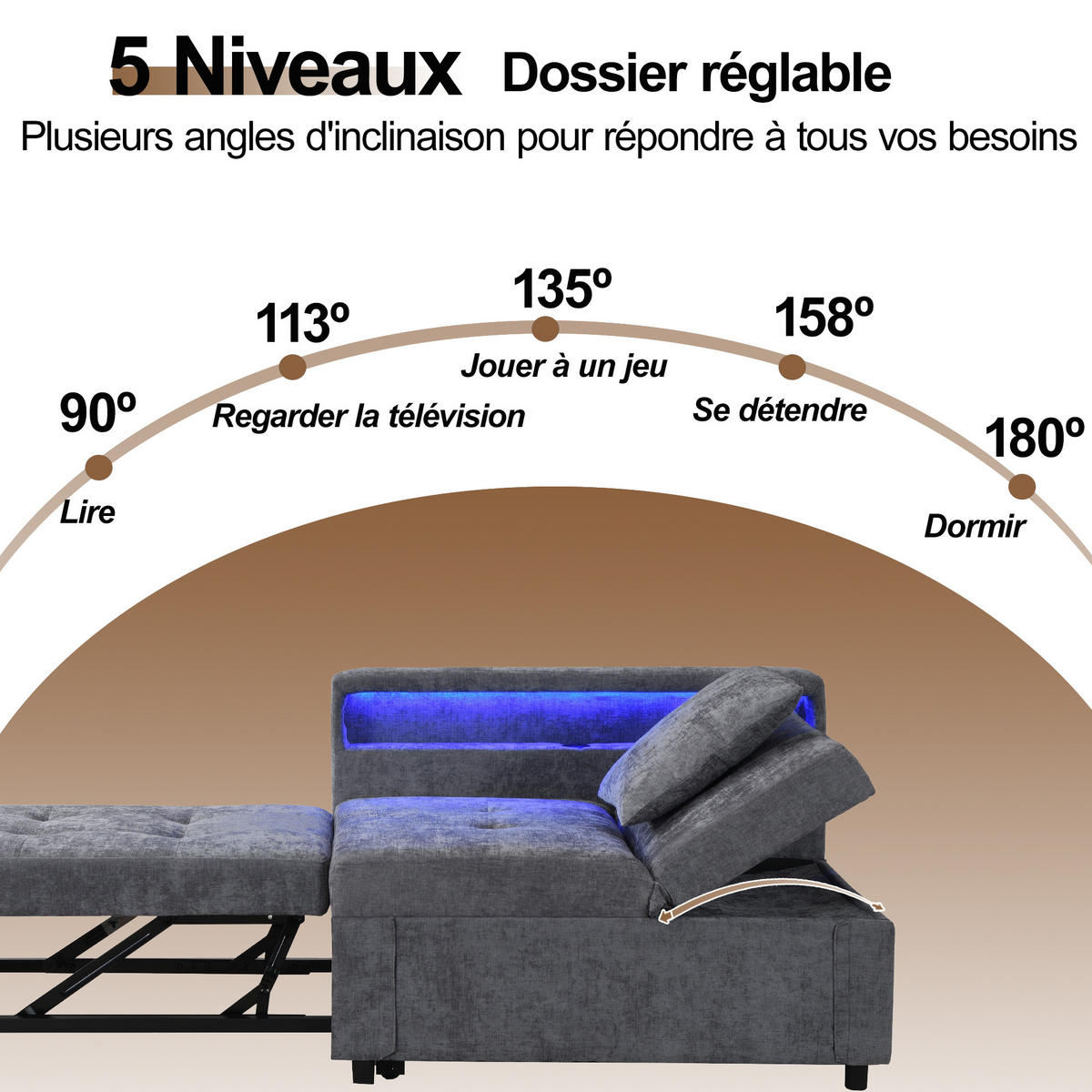 SCHLAFSOFA 3in1 LED USB Leinen - Hellgrau, Textil (177/65/68cm)