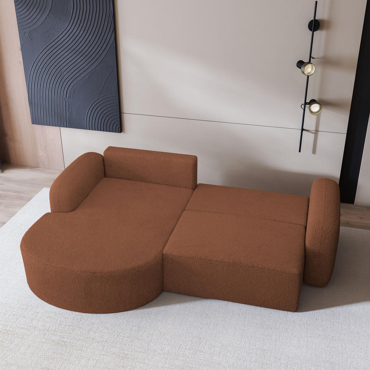 ECKSOFA AMILIA L-S Kupferfarben Boucle-Stoff mit Schlaffunktion - Kupferfarben, Holz (263/174cm) - MASSENO