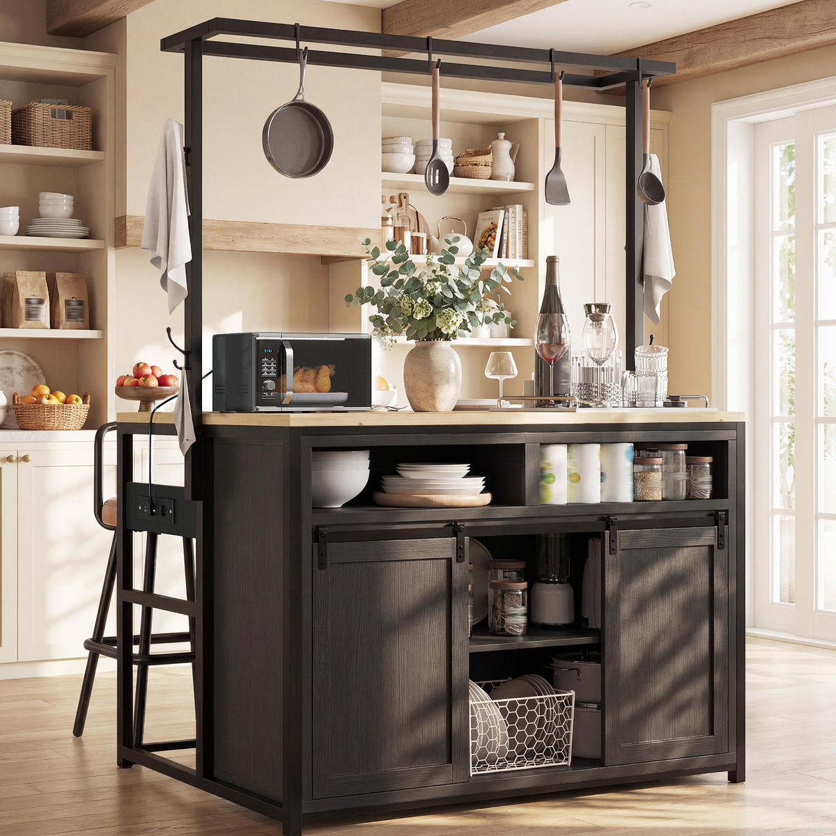 KÜCHENSCHRANK mit Arbeitsplatte und Stromanschluss 107 x 62 x 183 cm Schwarz - Schwarz, Metall (62/183/107cm) - Beauniv