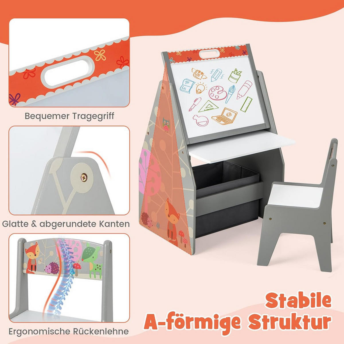 KINDERSITZ-SET mit magnetischer Whiteboard-Tafel grau(2-tlg) - Grau, Holzwerkstoff (50/85/50cm) - COSTWAY