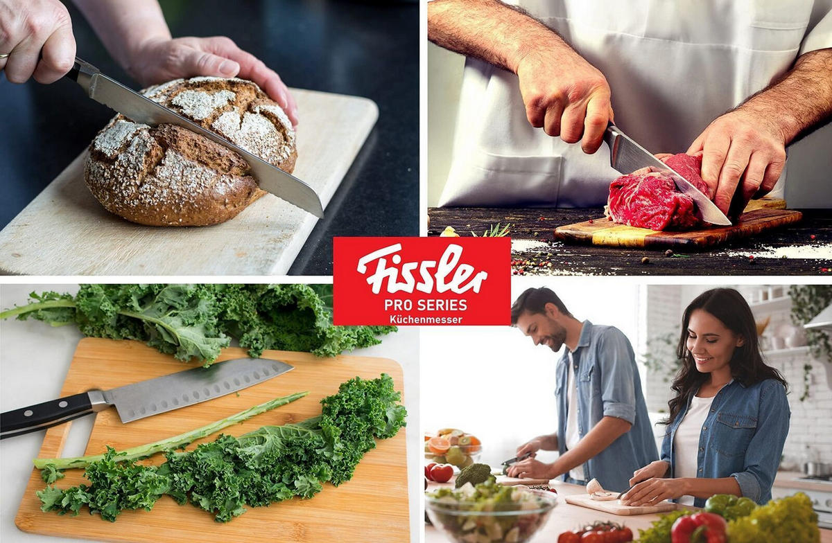 MESSERSET – Profi 4-teilig – Kochmesser 190 mm, Santokumesser 130 mm & 165 mm, Brotmesser 180 mm, Edelstahl, Rostfrei, Ergonomischer Griff - Schwarz, Metall - Fissler