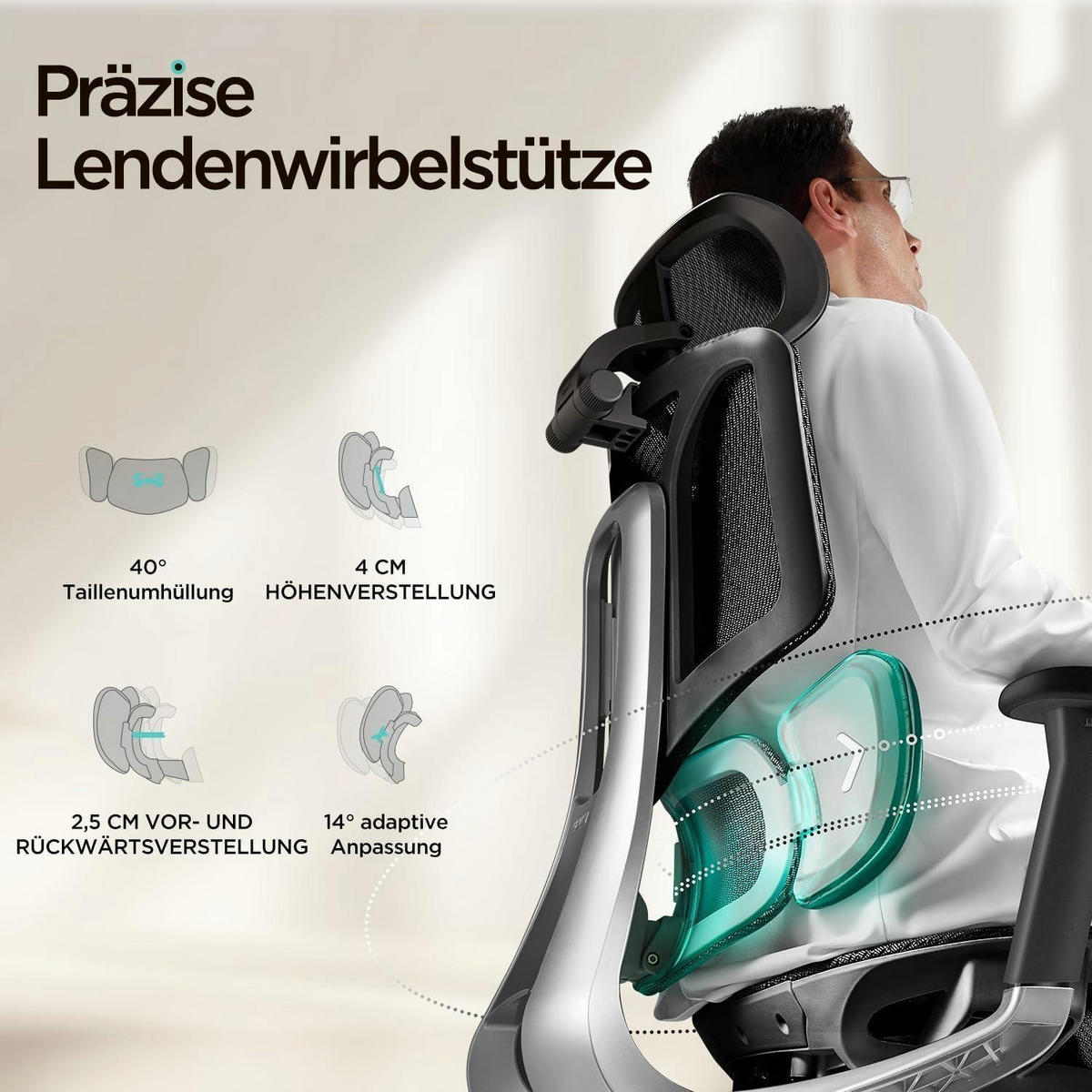 BÜROSTUHL E3 Air mit dynamischer Lendenstütze und 3D-Kopfstütze Schwarz - Schwarz, Textil (57/39/76cm)