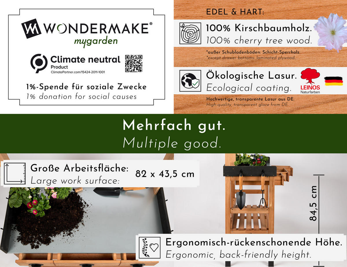 PFLANZTISCH aus Kirschbaum-Holz wetterfest , mit Schubladen, für Garten und Balkon - Braun, Holz (45/85/130cm) - WONDERMAKE