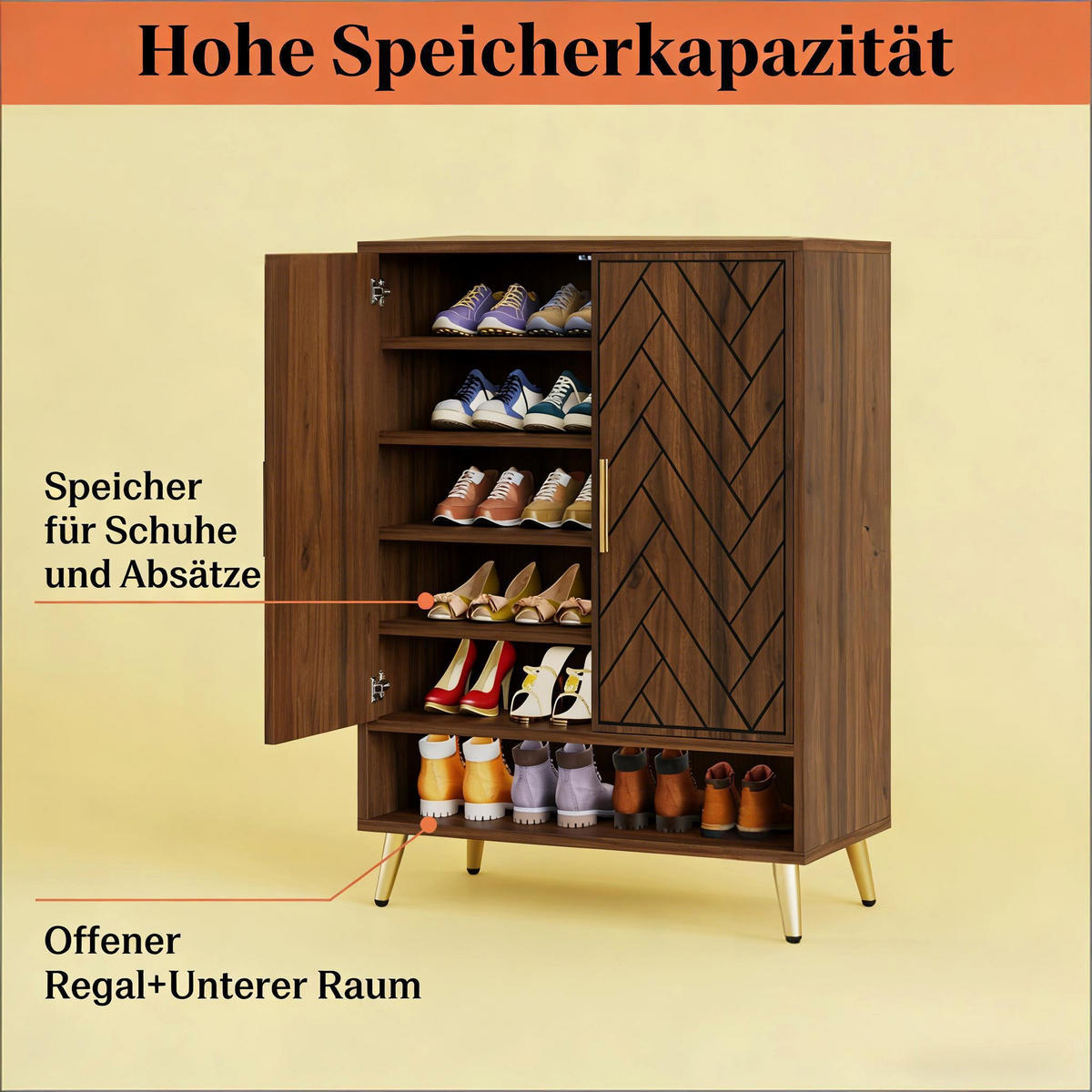 SCHUHSCHRANK mit 7 Ebenen, Chevron-Muster, Nussbaumoptik - Walnussfarben, Holzwerkstoff (75/110/35cm) - Urban Meuble