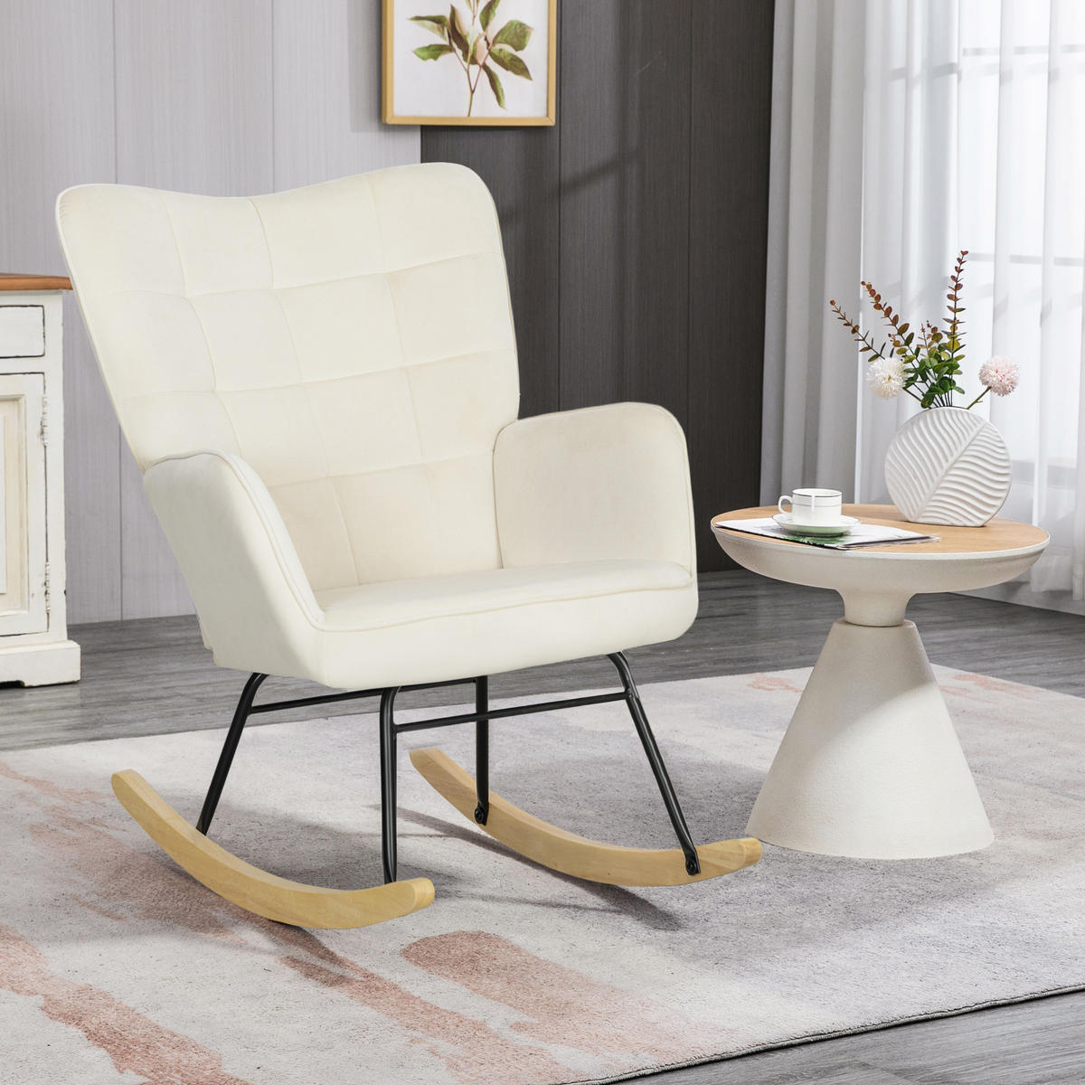 SCHAUKELSTUHL, Schaukelsessel mit Samtoptik, Armlehne für Wohnzimmer, Beige - Beige/Naturfarben, Buchenholz/Textil (98/101/71cm) - HOMCOM