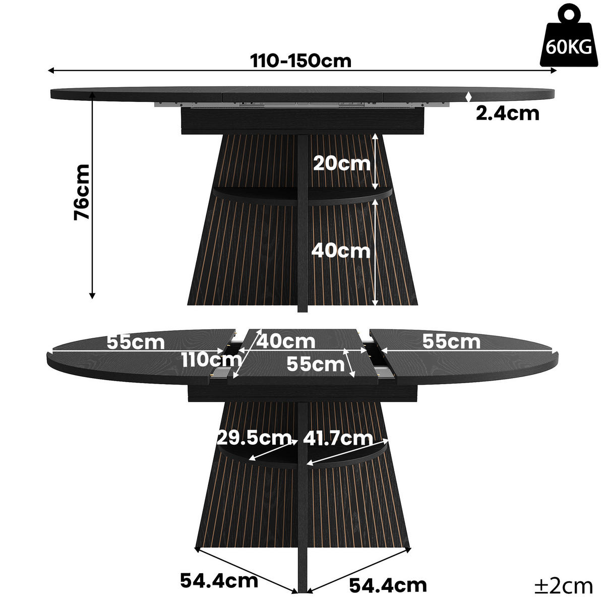 ESSTISCH Ausziehbar Ablagefach MDF Schwarz - Schwarz, Holzwerkstoff (110/110/76cm) - FLIEKS
