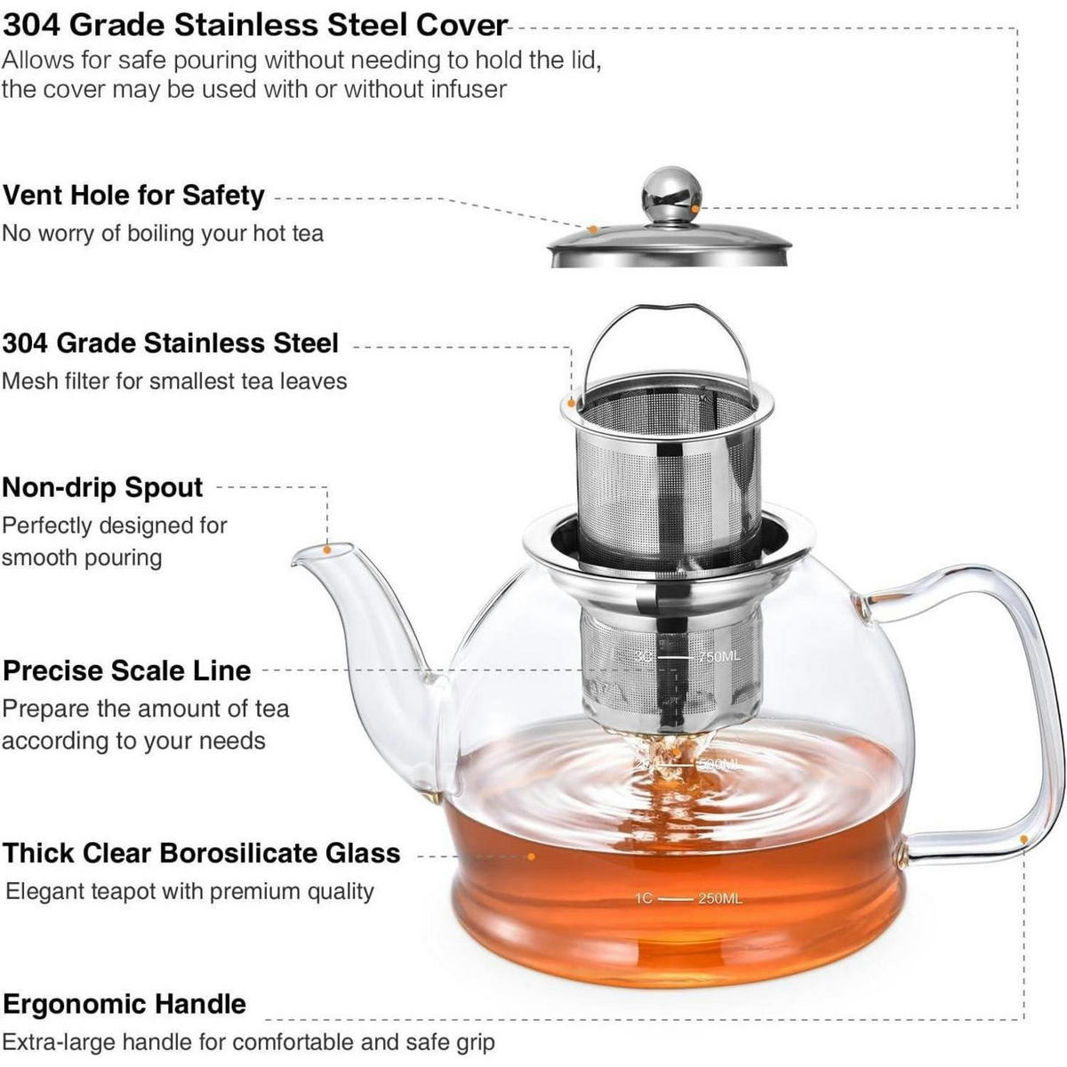 TEEKANNE mit Siebeinsatz 800 ml Borosilikatglas Hitzebeständig - Transparent, Glas (20/12.5cm)