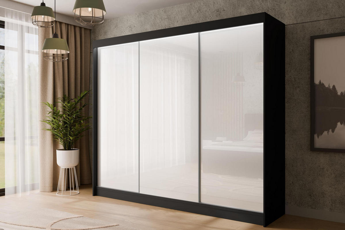 KLEIDERSCHRANK PEKA mit LED - 250 cm - Schwarz|Weiß - Schwarz/Weiß, Holzwerkstoff (250/215/61cm) - ALTDECOR