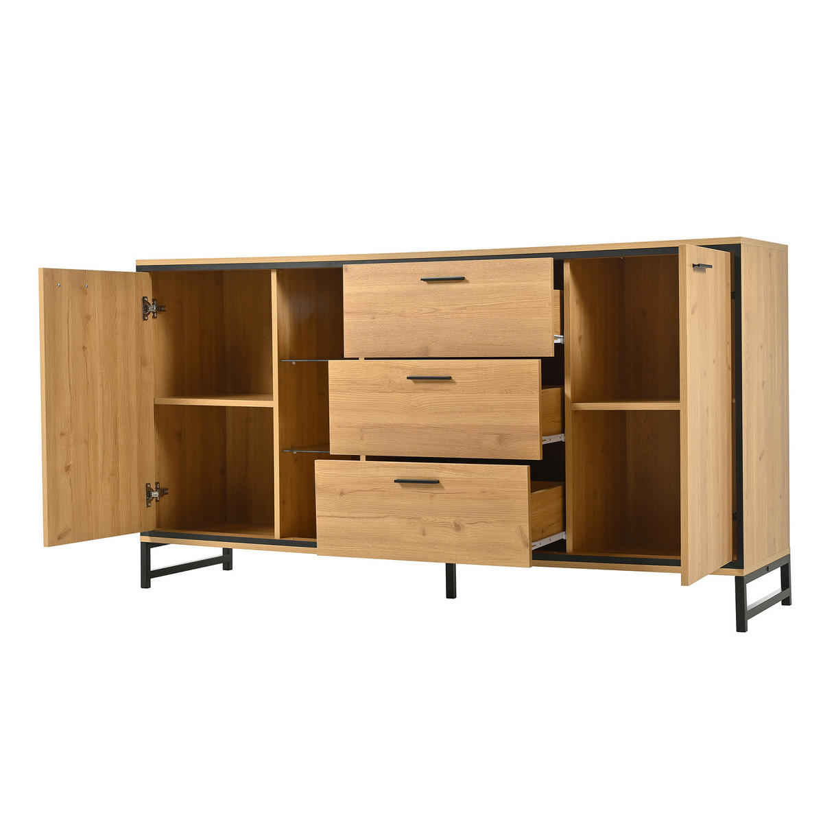 SIDEBOARD 160/40/85 cm in Natur mit LED-Beleuchtung und Glaselementen - Naturfarben, Holzwerkstoff (160/85/40cm) - Flora Grace