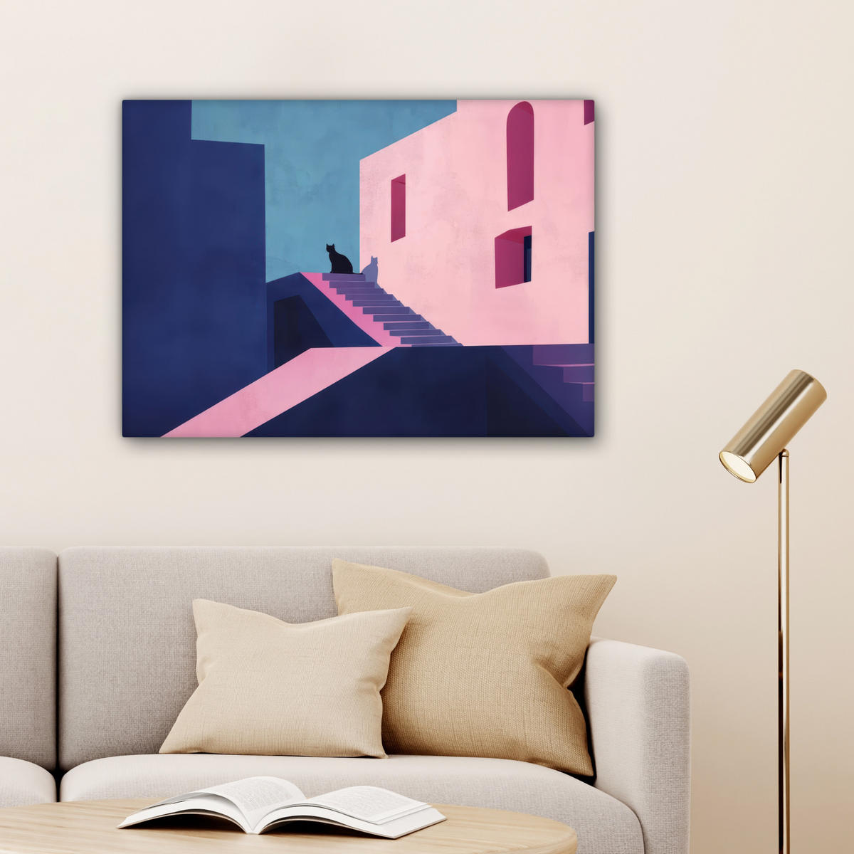 LEINWANDBILD Katze - Treppe - Gebäude - Schattenkontraste Wandbilder 80x60 cm - Dunkelblau, Textil (80/60cm) - MuchoWow