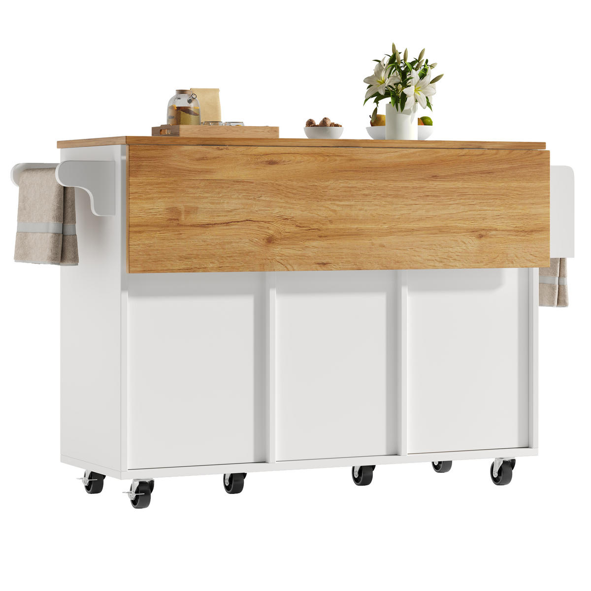 KÜCHENINSEL 146,85/70/90 cm weiß mit Klapptisch und Rollen - Weiß, Holzwerkstoff (146.85/90/70cm) - OKWISH