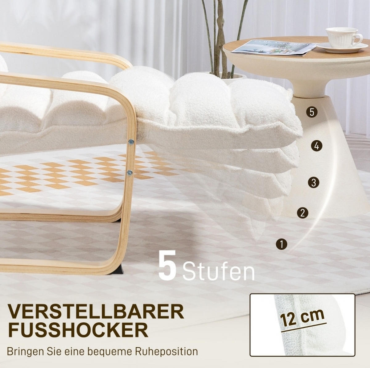 SESSEL 67/93-114/105 cm, verstellbares Fußteil, Sherpa-Fleece, Weiß - Weiß, Kunststoff (67/105/114cm) - Redom