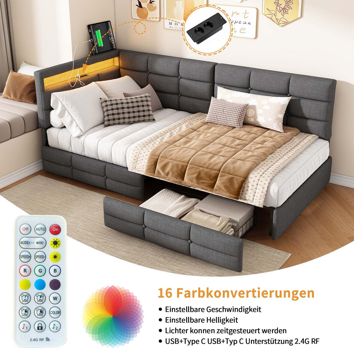 POLSTERBETT 90/200 cm grau L-Form mit LED USB Schublade - Grau, Holz