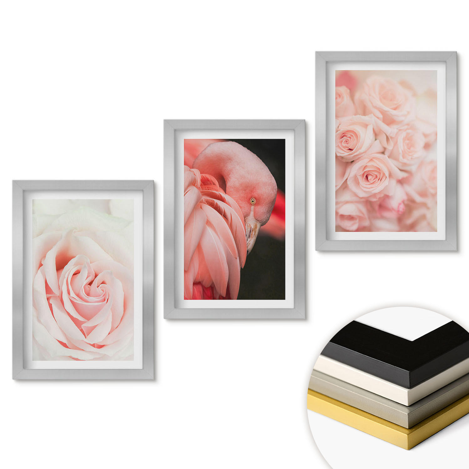 WANDBILDER 3er Set - 20x30 cm Silberner Rahmen - Zartrosa Flamingos - Silberfarben, Kunststoff (20/30cm) - ArtPrintCave